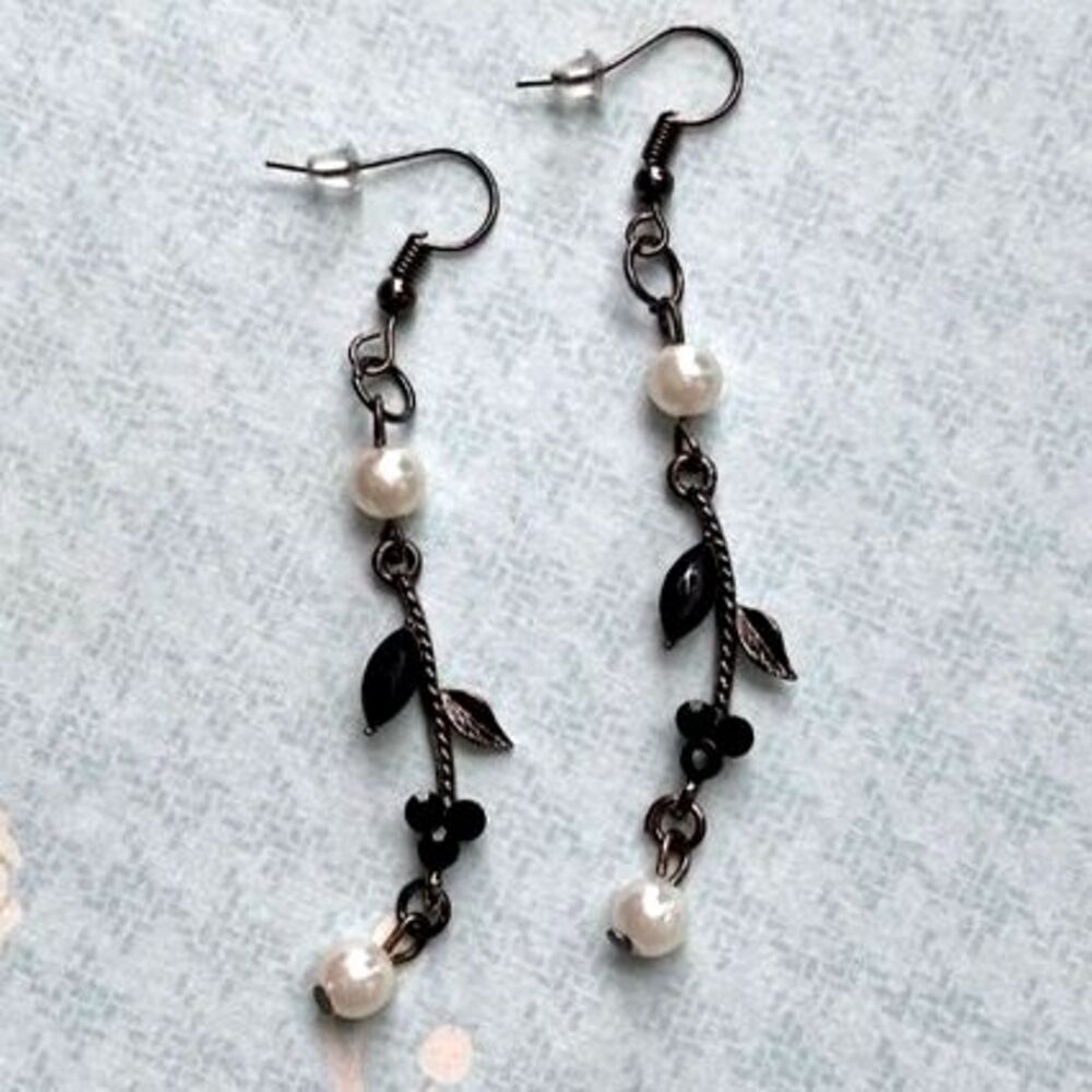 Handmade Earrings Womens Black Glass Rhinestone Floral Faux Pearl Whimsy Goth